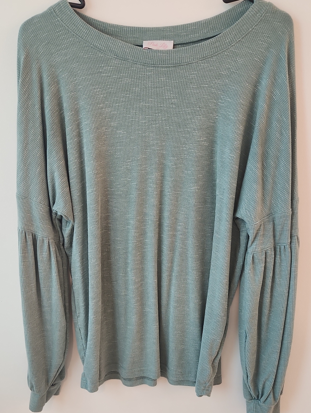 Pink Lily Sage Green Ribbed Balloon Sleeve Top